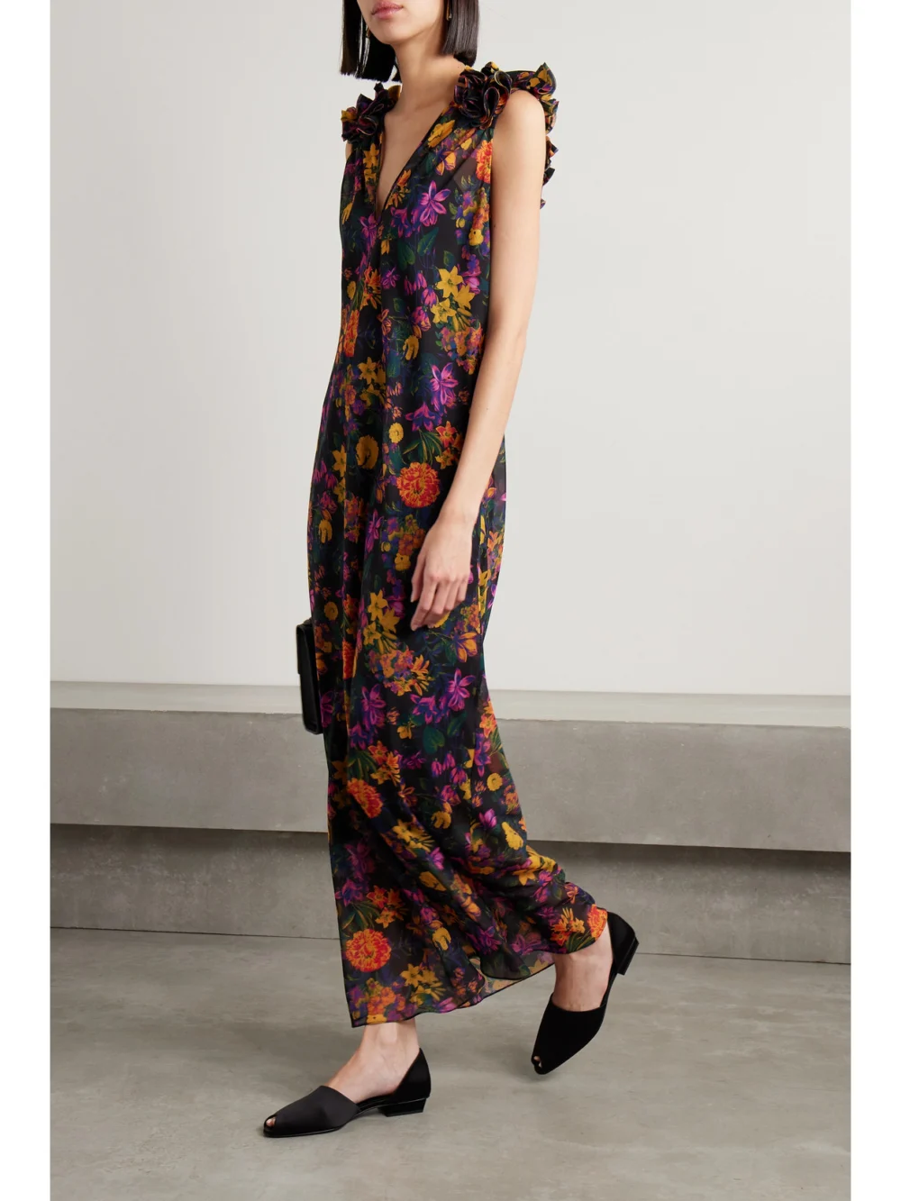 Kika Vargas Dionne Ruffled Floral-print Chiffon Maxi Dress, worn by a model
