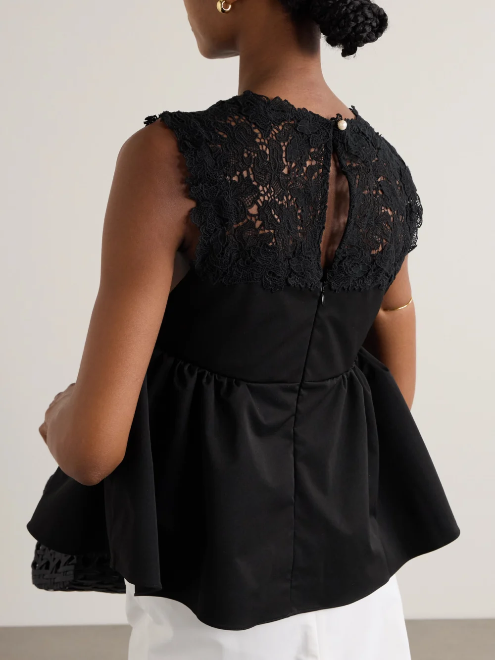 Back view of the Kika Vargas Ivonne Guipure Lace-trimmed Twill Peplum Top