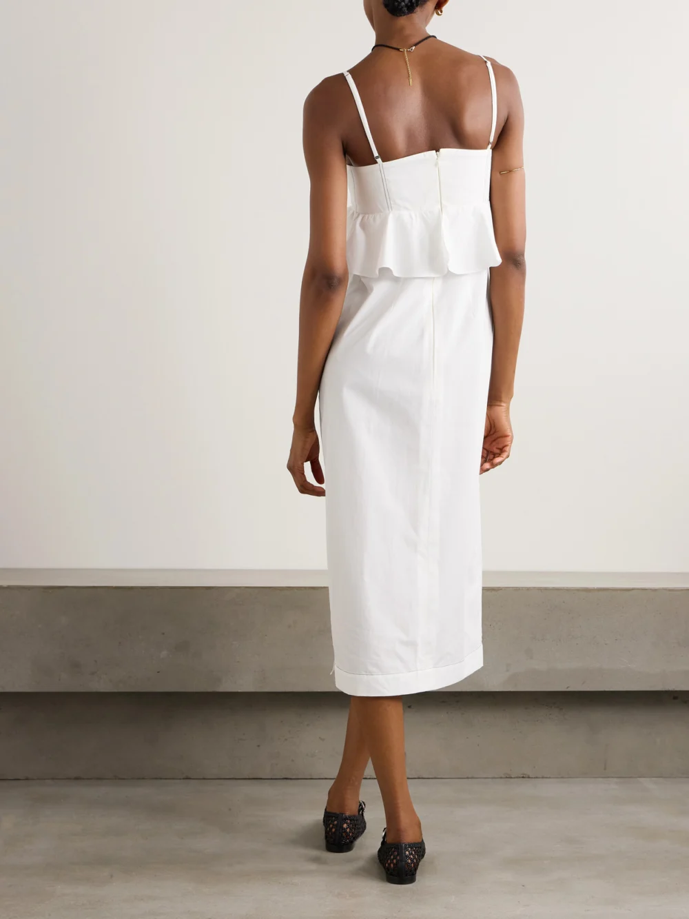 Back view of the Kika Vargas Leymah Topstitched Ruffled Cotton-poplin Peplum Midi Dress