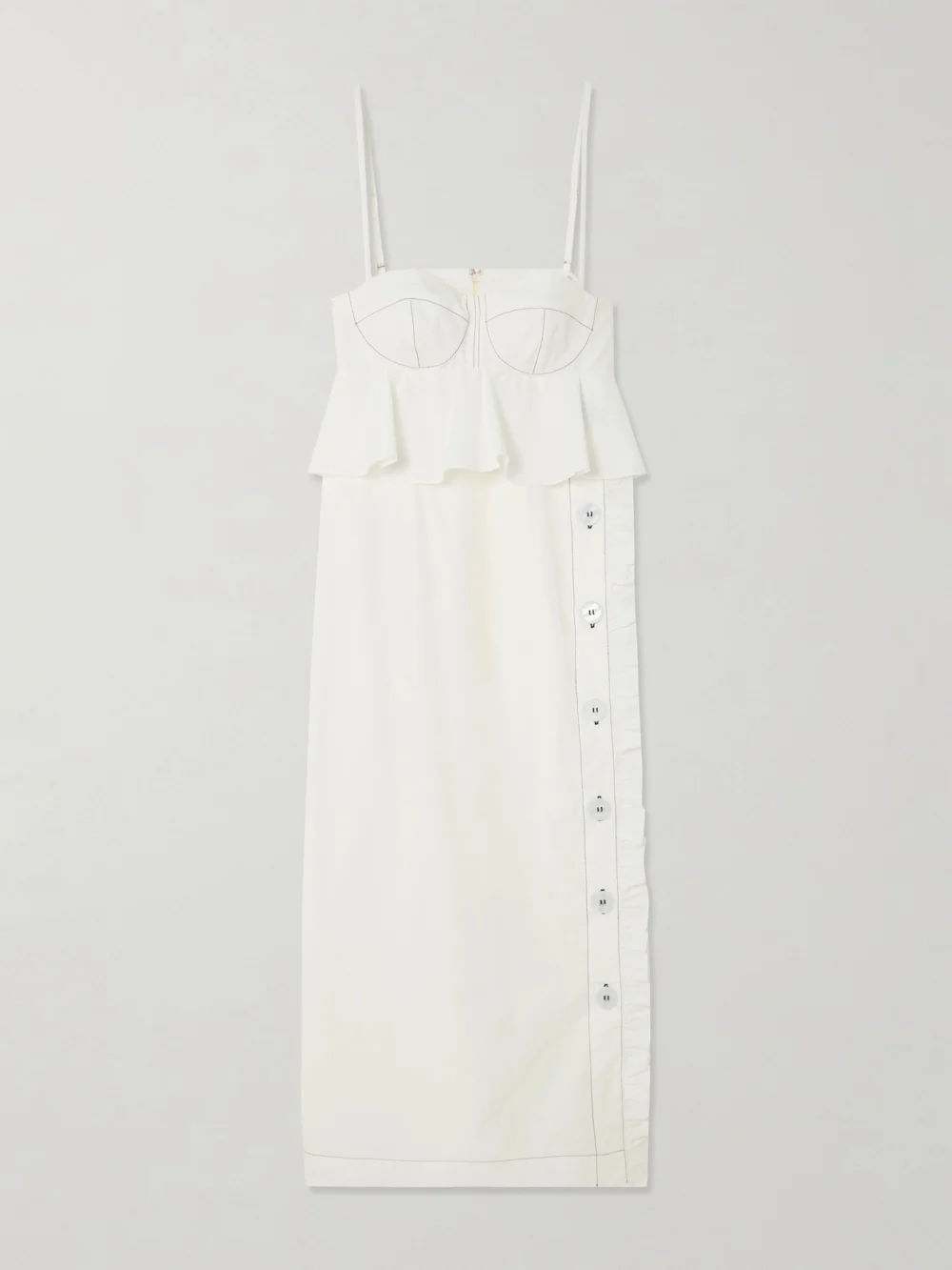 Kika Vargas Leymah Topstitched Ruffled Cotton-poplin Peplum Midi Dress in white