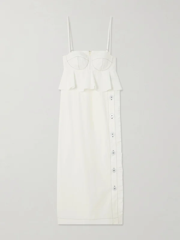 Kika Vargas Leymah Topstitched Ruffled Cotton-poplin Peplum Midi Dress