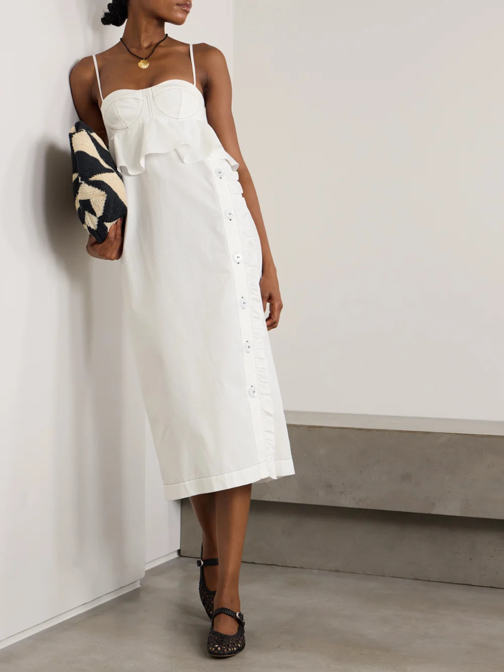Kika Vargas Leymah Topstitched Ruffled Cotton-poplin Peplum Midi Dress, worn by a model