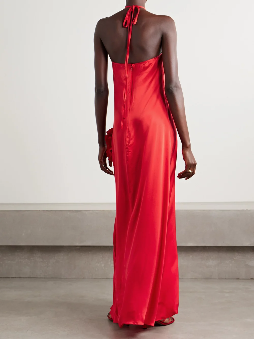 Back view of the Kika Vargas Marsha Embellished Plissé-silk Maxi Dress