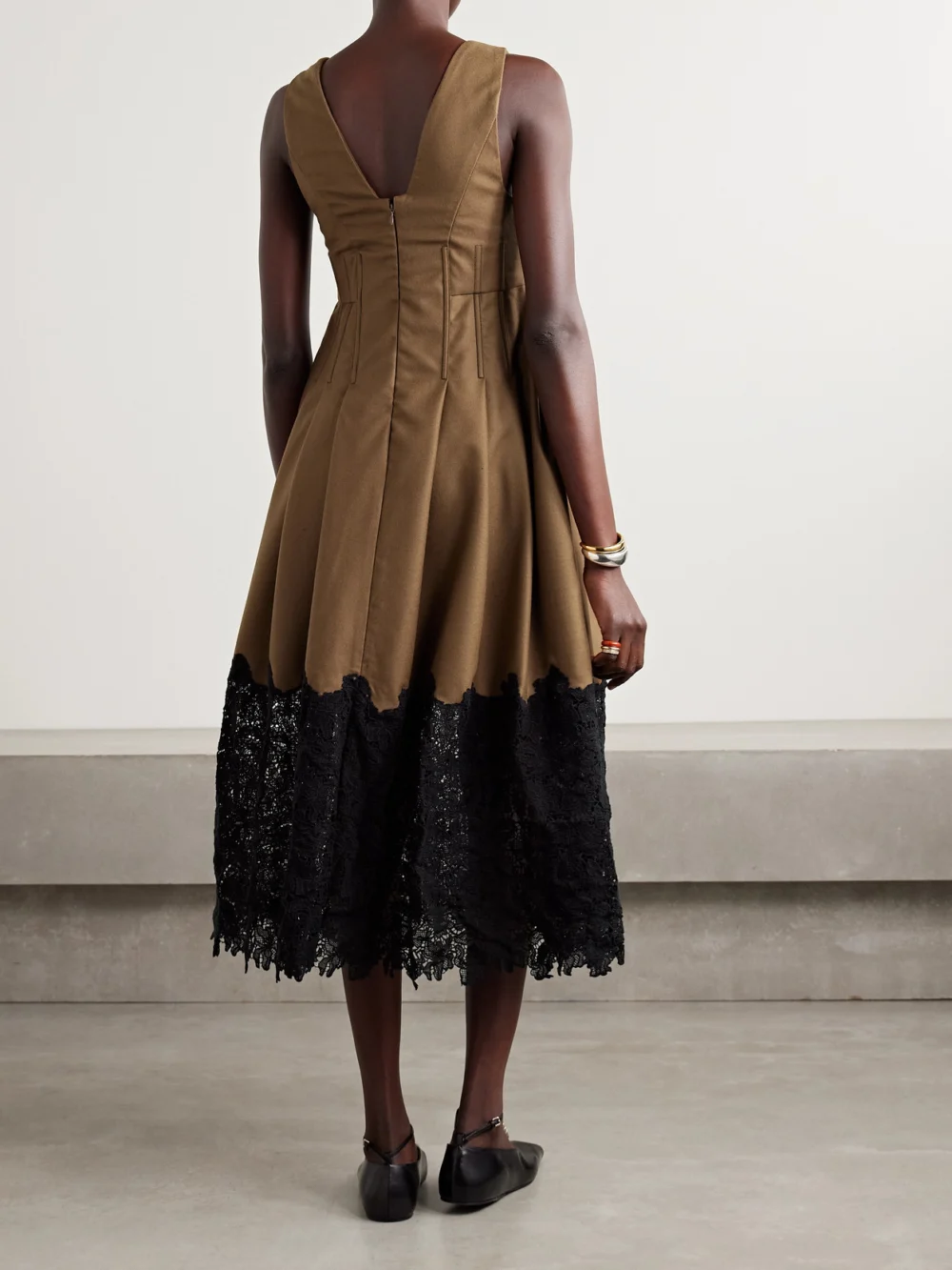Back view of the Kika Vargas Rosa Guipure Lace-trimmed Pleated Wool-twill Midi Dress