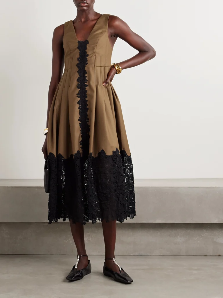 Kika Vargas Rosa Guipure Lace-trimmed Pleated Wool-twill Midi Dress