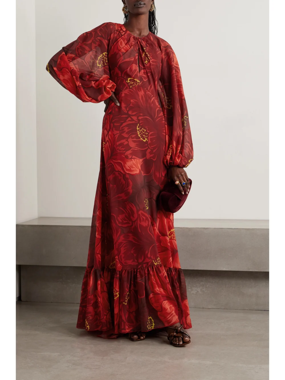 La DoubleJ Eve Floral-print Chiffon Maxi Dress, worn by a model
