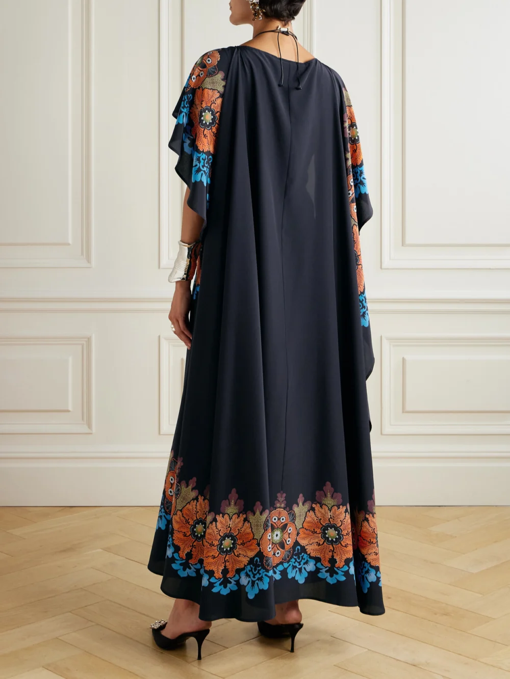 Back view of the La DoubleJ Magic Cape-effect Printed Silk-crepe Maxi Dress