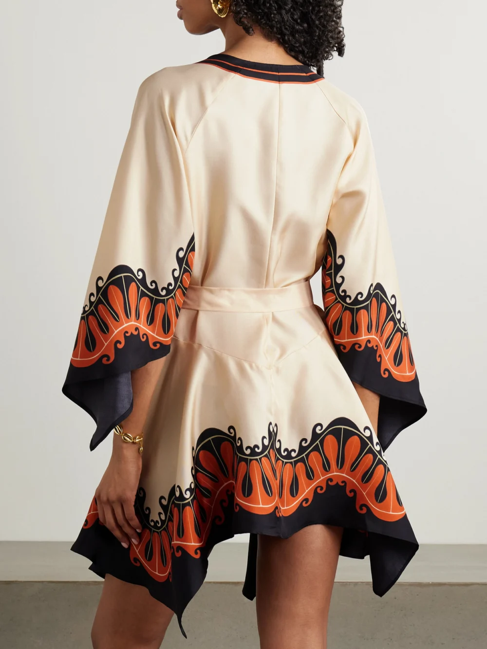 Back view of the La DoubleJ + Mother Malibu Belted Printed Silk Mini Dress