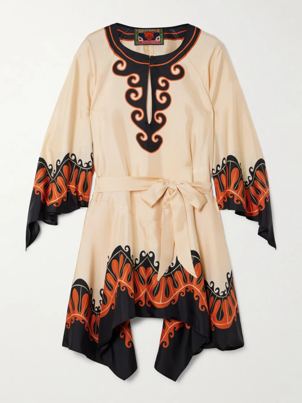 La DoubleJ + Mother Malibu Belted Printed Silk Mini Dress in beige