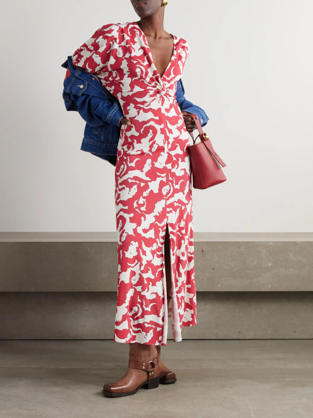 La DoubleJ + Mother Twist-front Printed Jersey Midi Dress, worn by a model