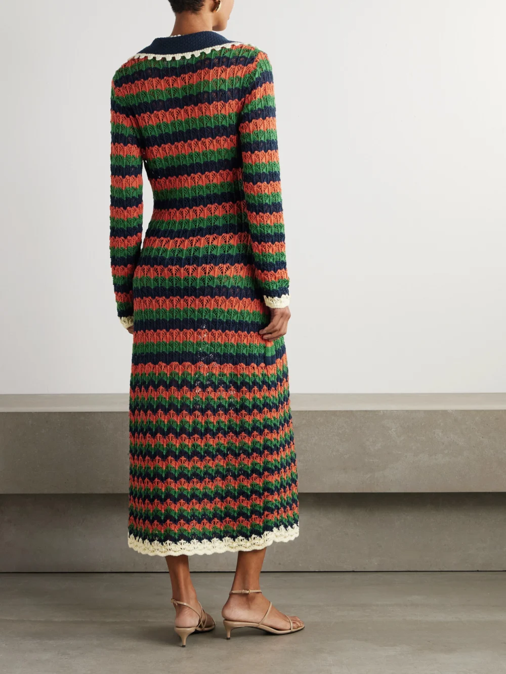 Back view of the La DoubleJ Perry Scalloped Striped Cotton Midi Dress