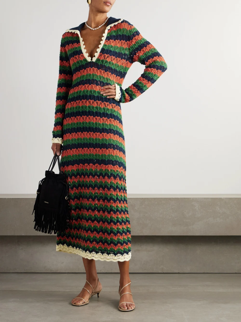 La DoubleJ Perry Scalloped Striped Cotton Midi Dress, worn by a model
