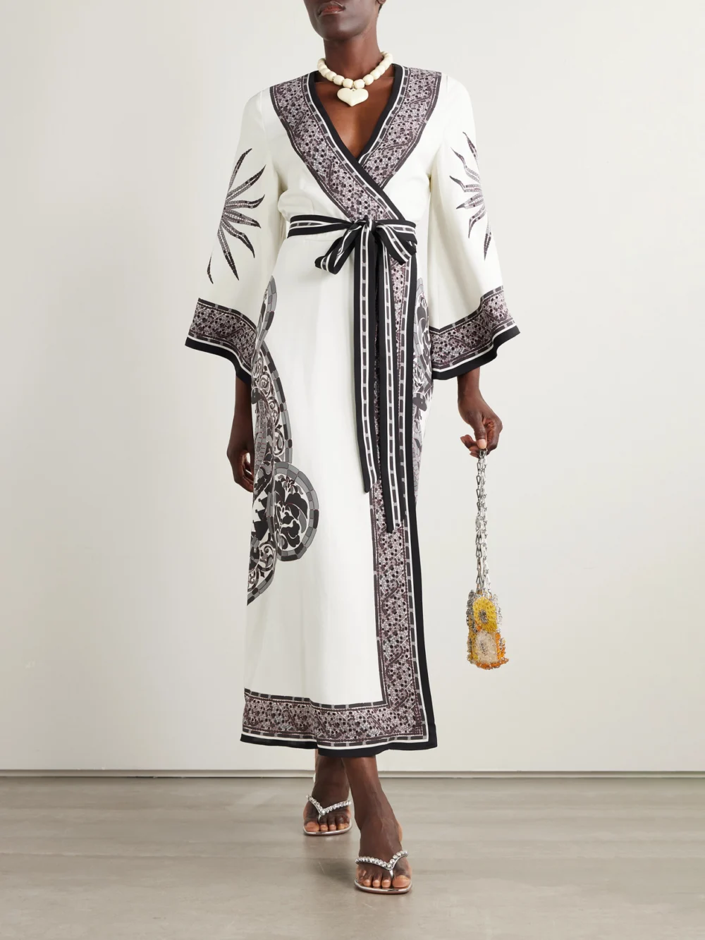 La DoubleJ Printed Crepe Midi Wrap Dress, worn by a model