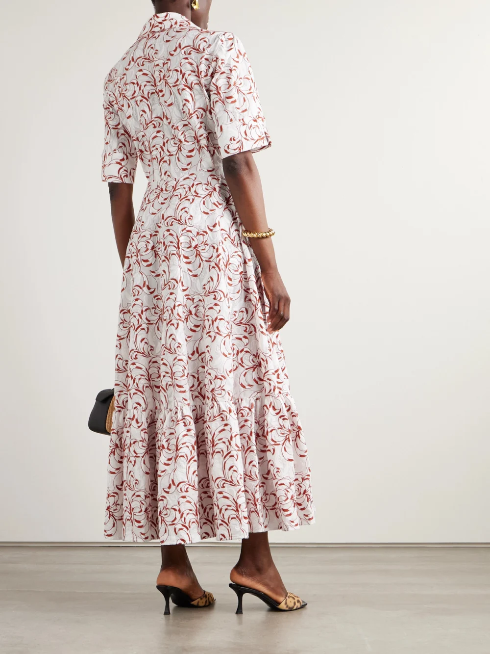 Back view of the La DoubleJ San Pietro Tiered Embroidered Voile Maxi Shirt Dress