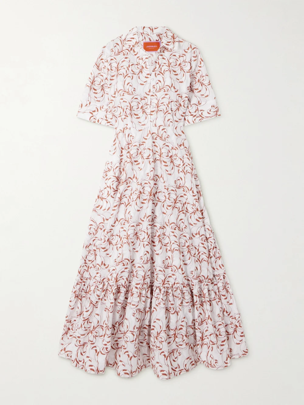 La DoubleJ San Pietro Tiered Embroidered Voile Maxi Shirt Dress in white