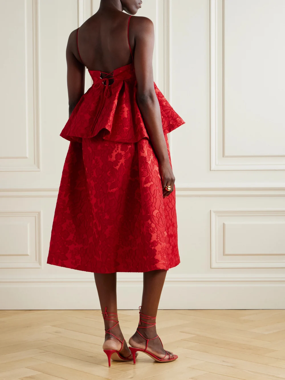 Back view of the La DoubleJ Satine Floral-jacquard Matelassé Peplum Midi Dress