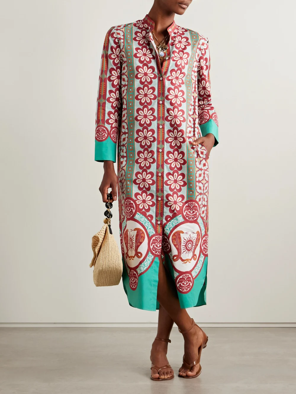 La DoubleJ Sundowner Floral-print Cotton-poplin Midi Shirt Dress, worn by a model