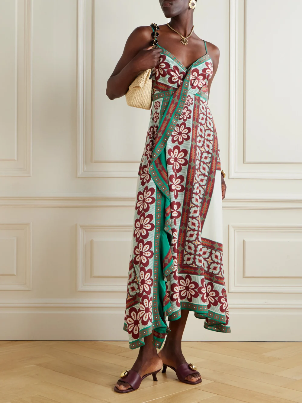 La DoubleJ Turn Around Wrap-effect Printed Silk-voile Midi Dress, worn by a model