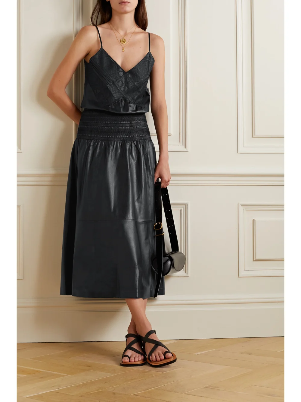 Lafayette 148 Broderie Anglaise Leather Top, worn by a model