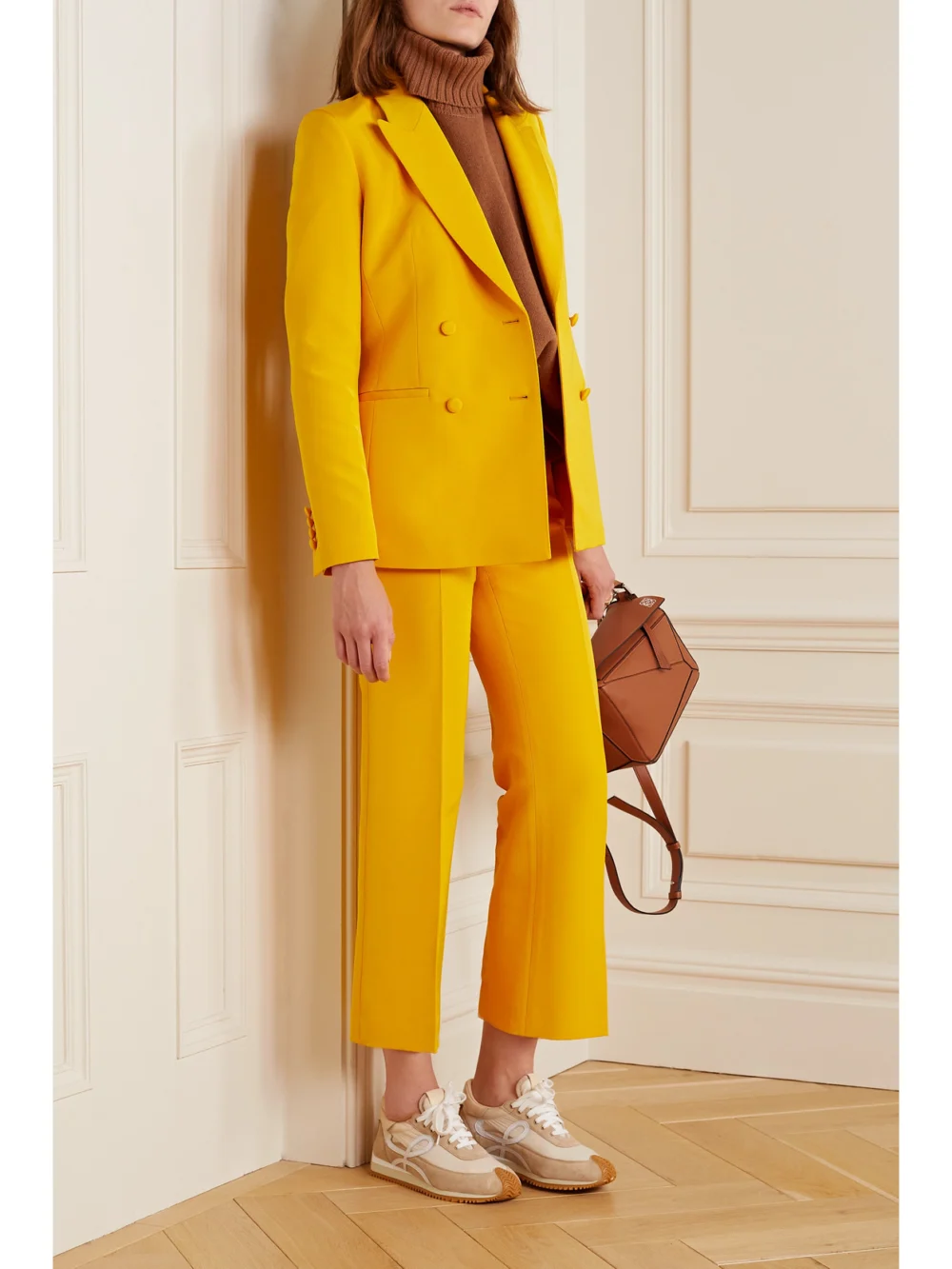 Lafayette 148 Double-breasted Wool and Silk-blend Blazer, worn by a model