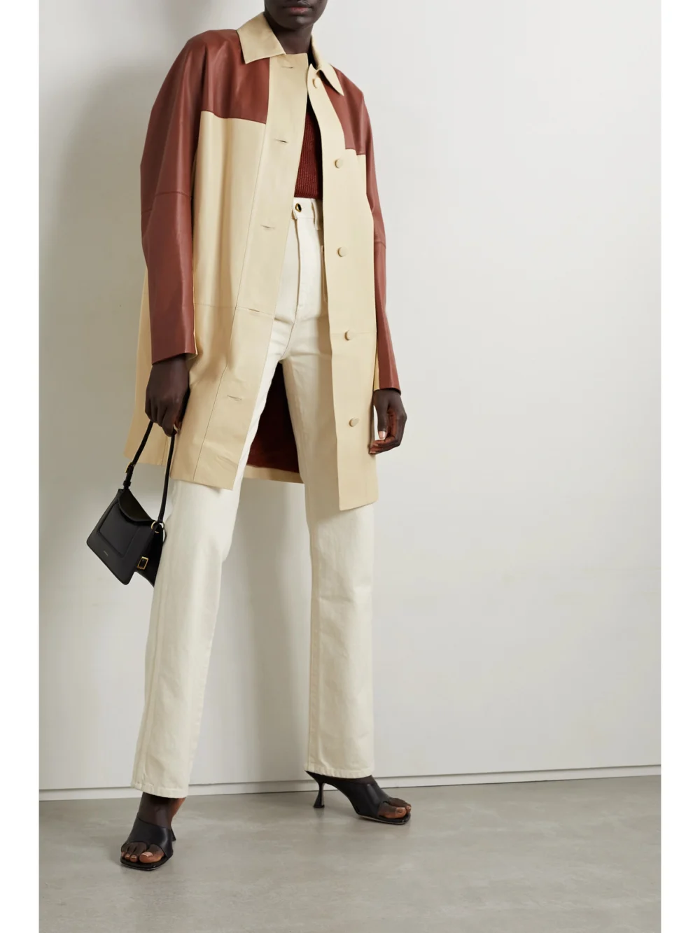Lafayette 148 Oversized Two-tone Leather Jacket, worn by a model
