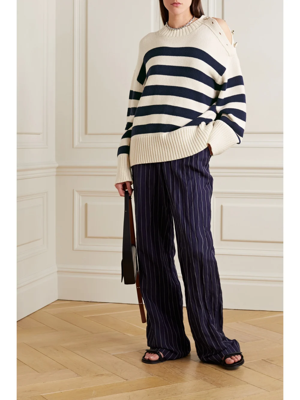 Lafayette 148 Striped Wool and Cotton-blend Sweater, worn by a model