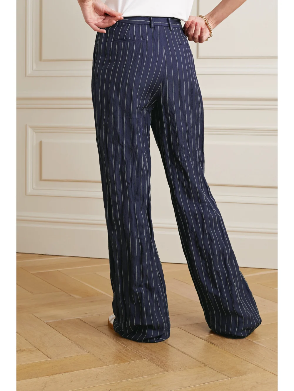 Back view of the Lafayette 148 Sullivan Pinstriped Metallic Twill Straight-leg Pants