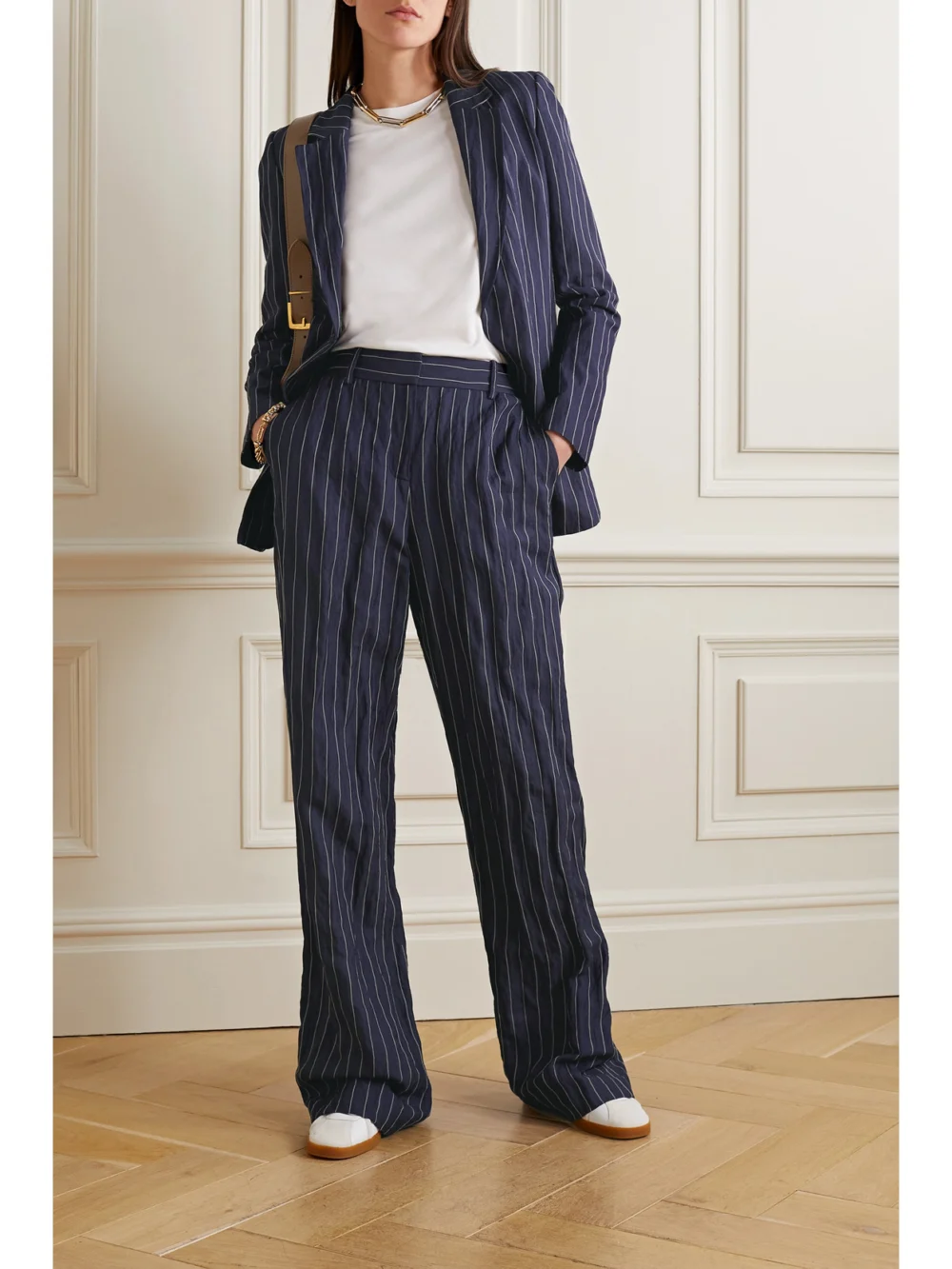 Lafayette 148 Sullivan Pinstriped Metallic Twill Straight-leg Pants, worn by a model