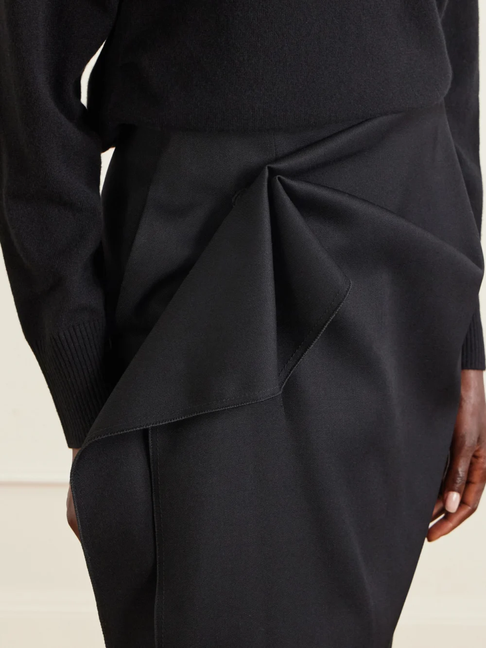 Close-up detail of the Lanvin Asymmetric Wool Midi Skirt