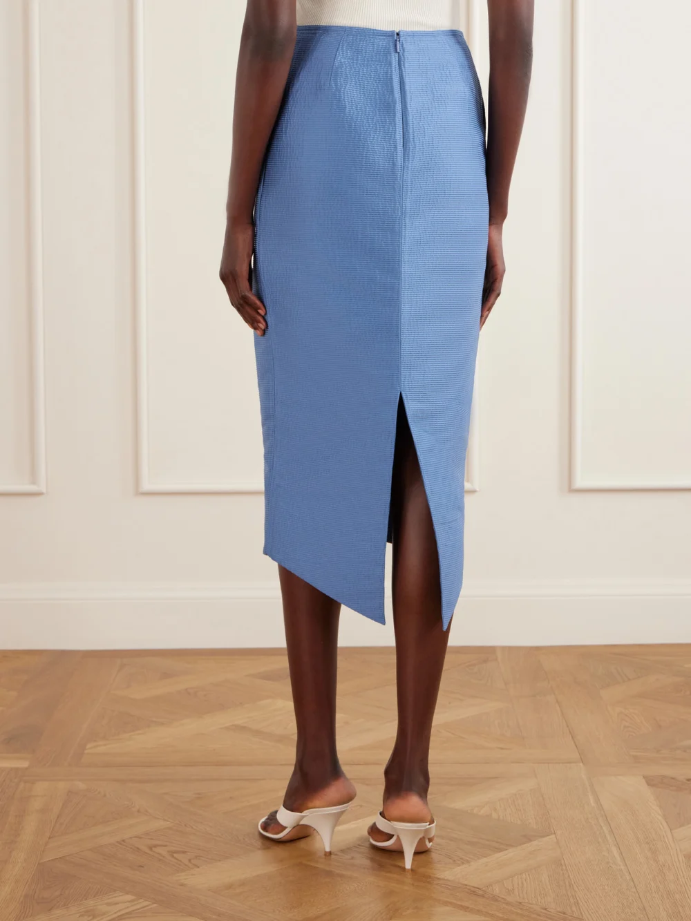 Back view of the Lanvin Asymmetrical Satin-jacquard Midi Skirt