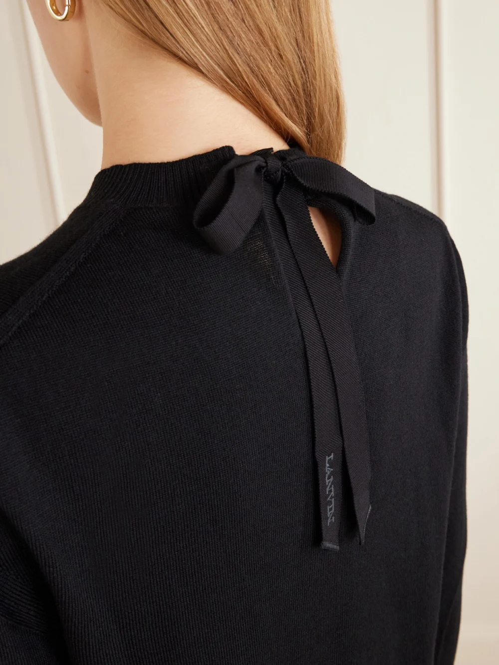 Close-up detail of the Lanvin Bow-detailed Wool-blend Cardigan