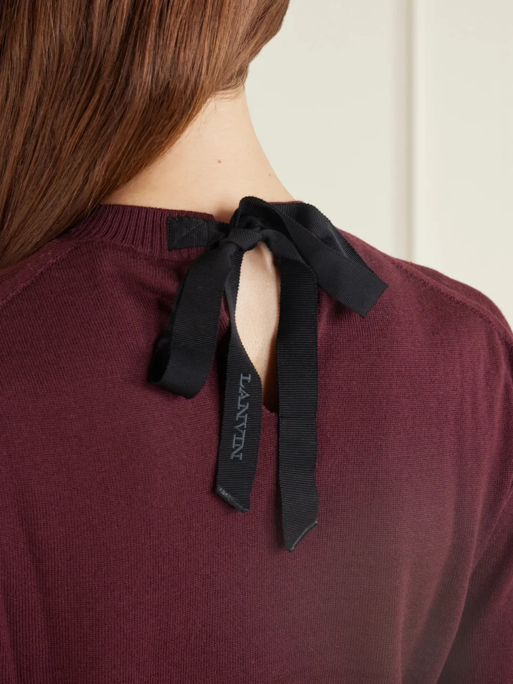 Close-up detail of the Lanvin Bow-detailed Wool-blend Cardigan