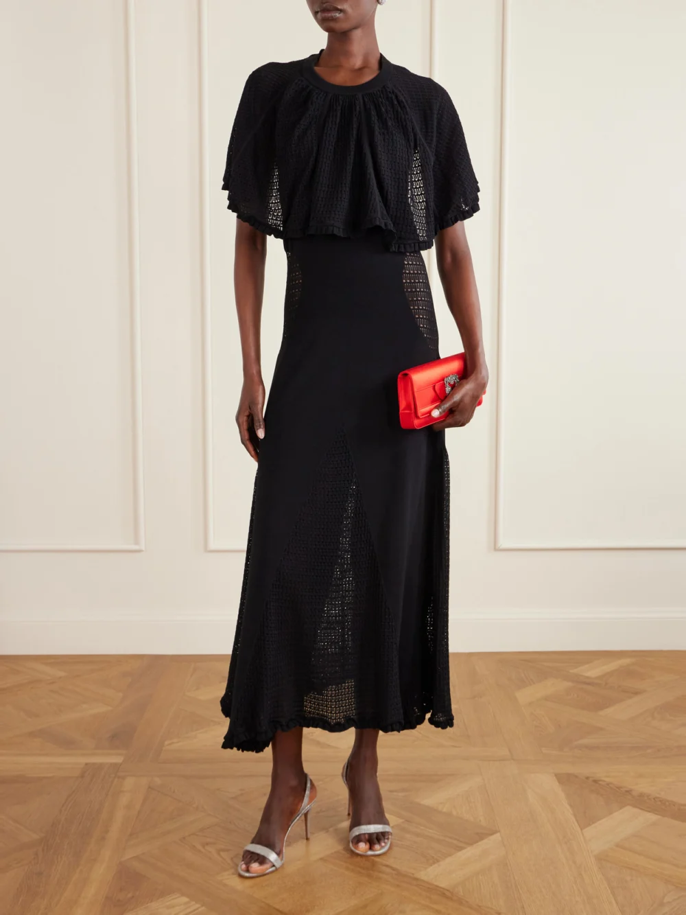 Lanvin Cape-effect Open-knit and Jersey Midi Dress, worn by a model