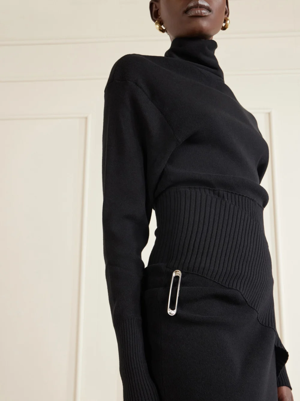 Close-up detail of the Lanvin Embellished Wool and Cashmere-blend Turtleneck Midi Dress