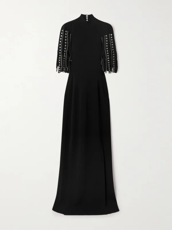 Lanvin Fringed Cape-effect Studded Knitted Turtleneck Gown