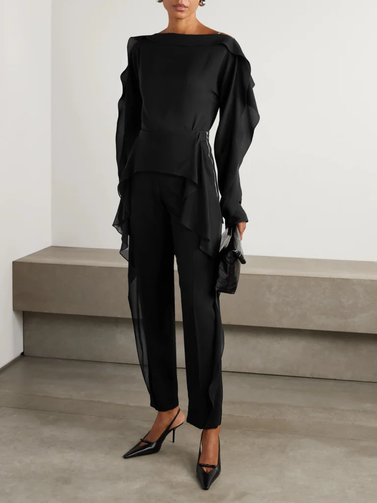 Lanvin Layered Wool-twill and Ruffled Silk-chiffon Slim-leg Pants