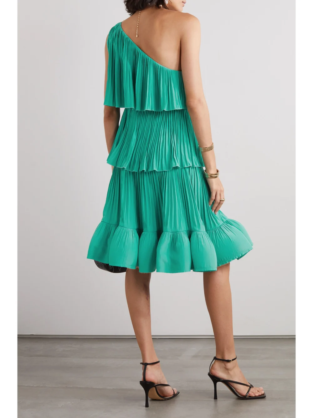 Back view of the Lanvin One-shoulder Tiered Ruffled Charmeuse Mini Dress