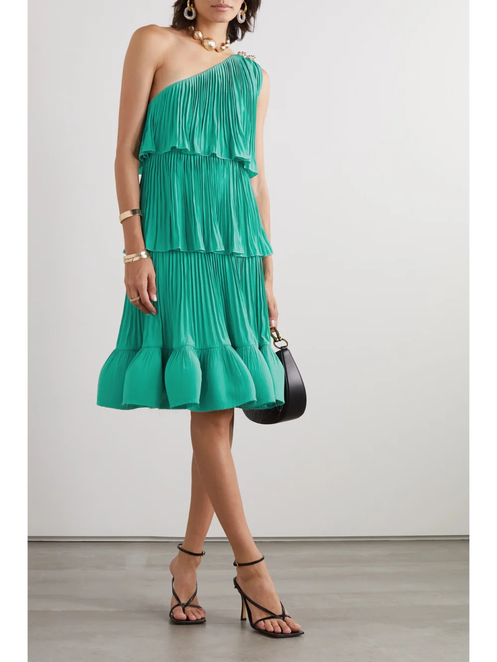 Lanvin One-shoulder Tiered Ruffled Charmeuse Mini Dress, worn by a model