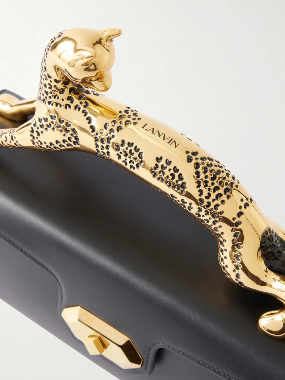 Close-up detail of the Lanvin Pencil Cat Leather Clutch