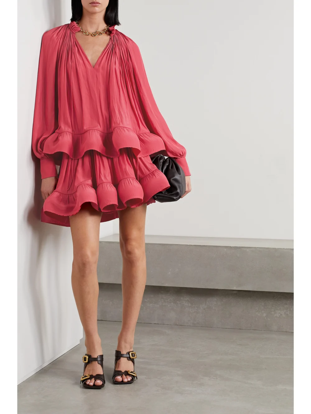 Lanvin Ruffled Gathered Charmeuse Blouse, worn by a model