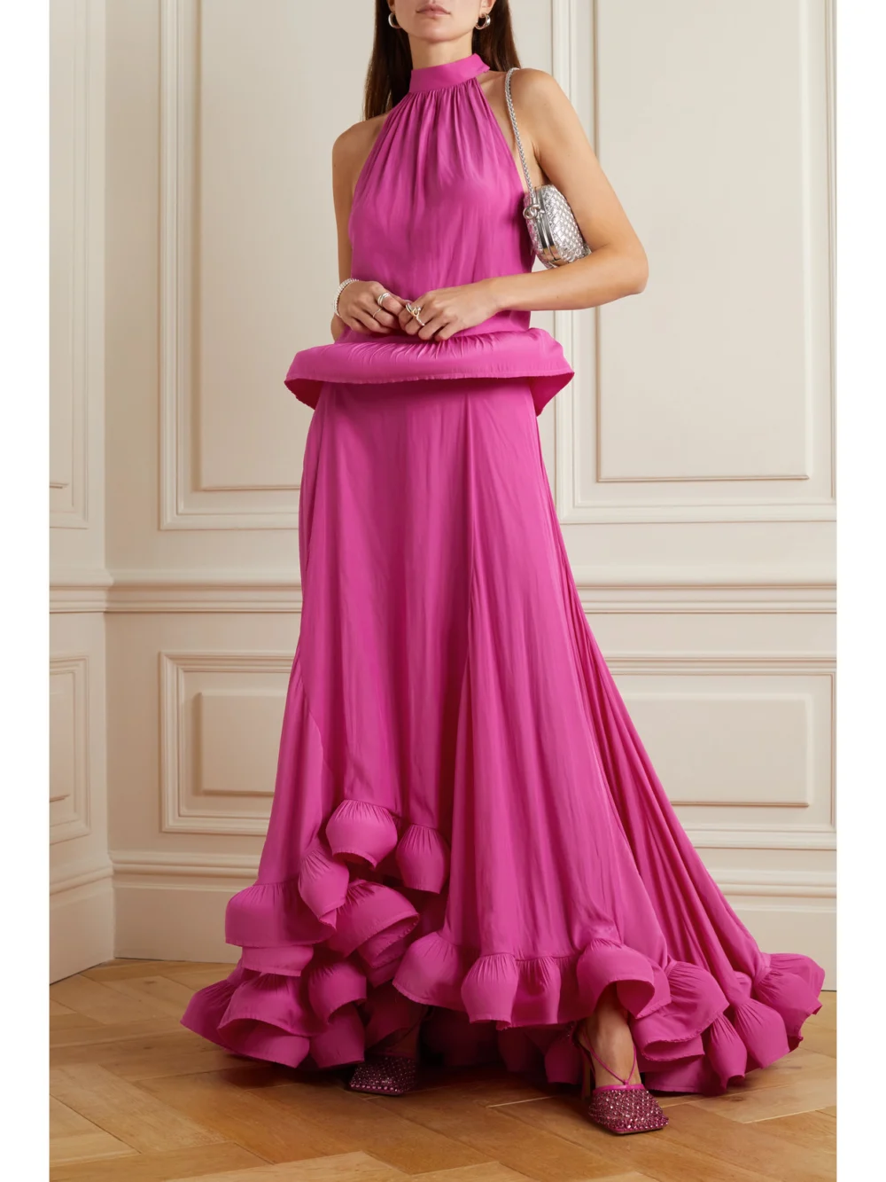 Lanvin Satin Peplum Halterneck Top, worn by a model