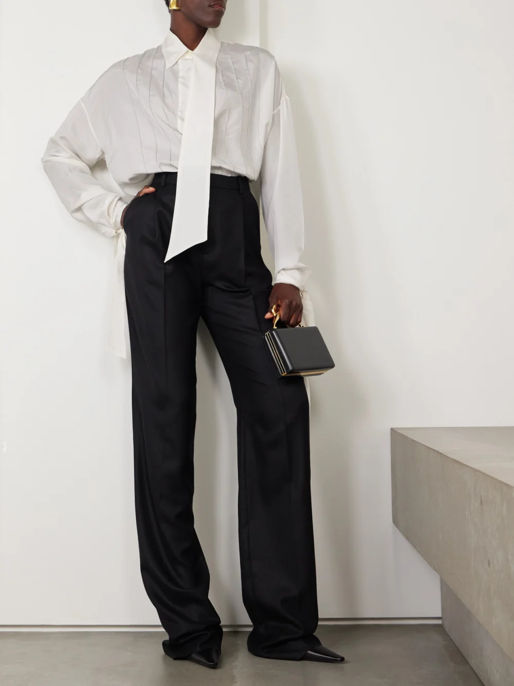 Lanvin Scarf-detailed Embroidered Silk-twill Shirt, worn by a model