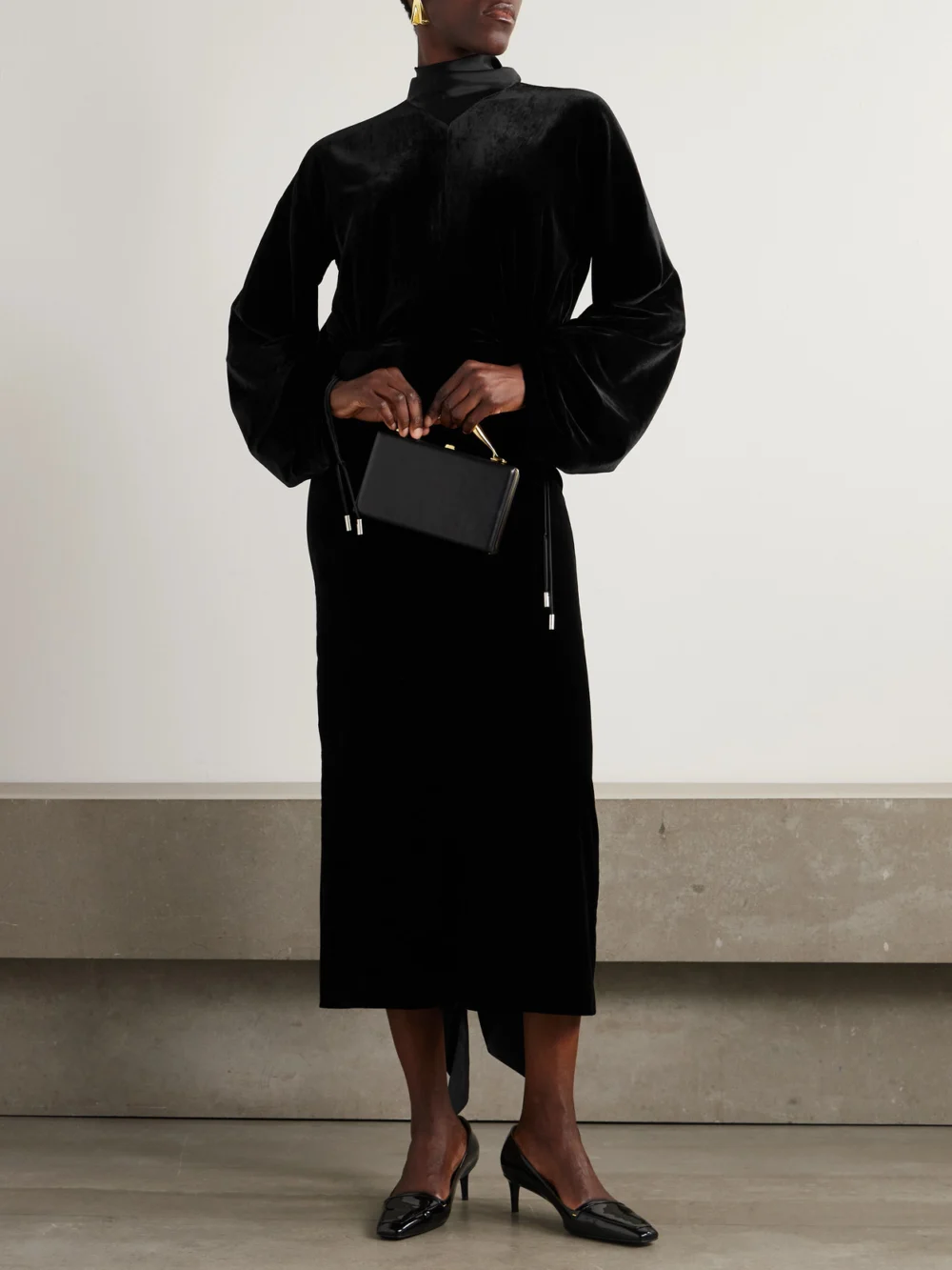 Lanvin Scarf-detailed Satin-trimmed Velvet Midi Dress, worn by a model