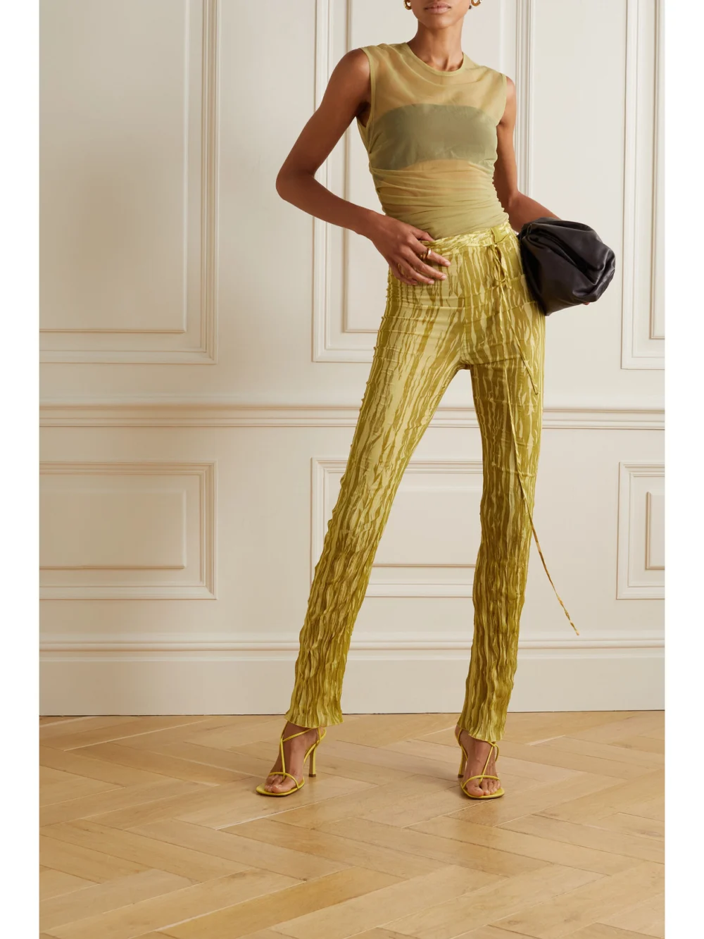 Lapointe Belted Printed Plissé-georgette Slim-leg Pants, worn by a model