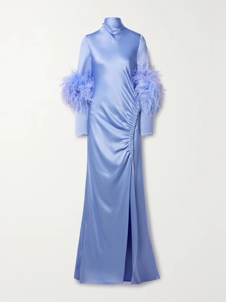 Lapointe Feather-trimmed Ruched Satin Gown