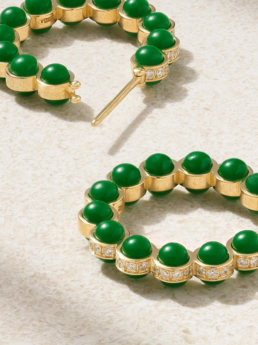 Close-up detail of the L'Atelier Nawbar Atoms 18-karat Gold, Enamel and Diamond Hoop Earrings