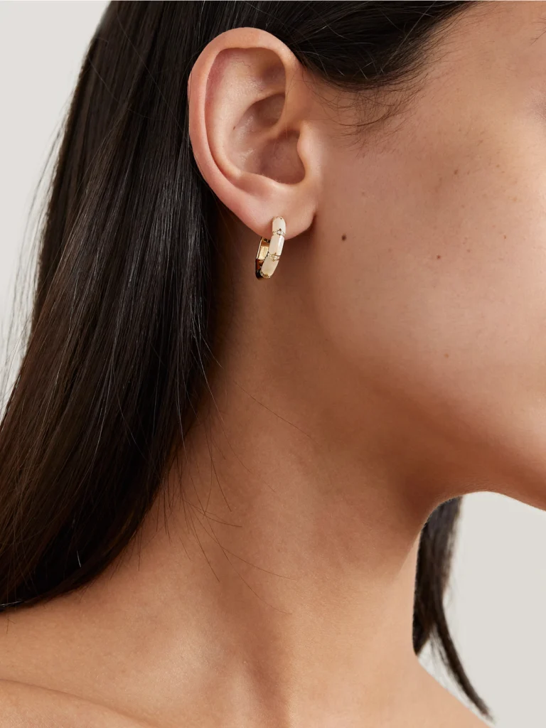 L'Atelier Nawbar Bamboo 18-karat Gold, Mother-of-pearl and Diamond Hoop Earrings