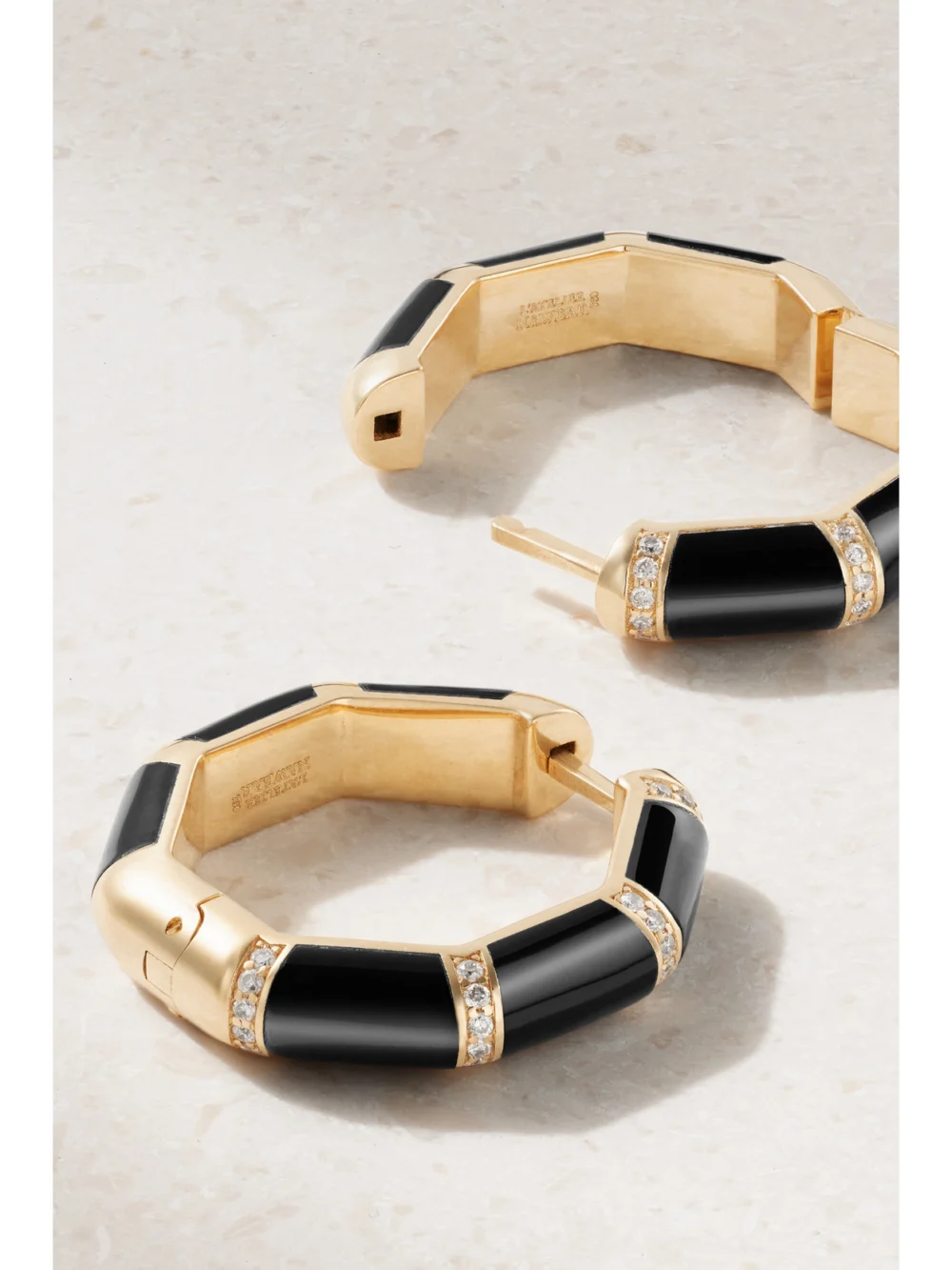 Back view of the L'Atelier Nawbar Bamboo 18-karat Gold, Onyx and Diamond Hoop Earrings