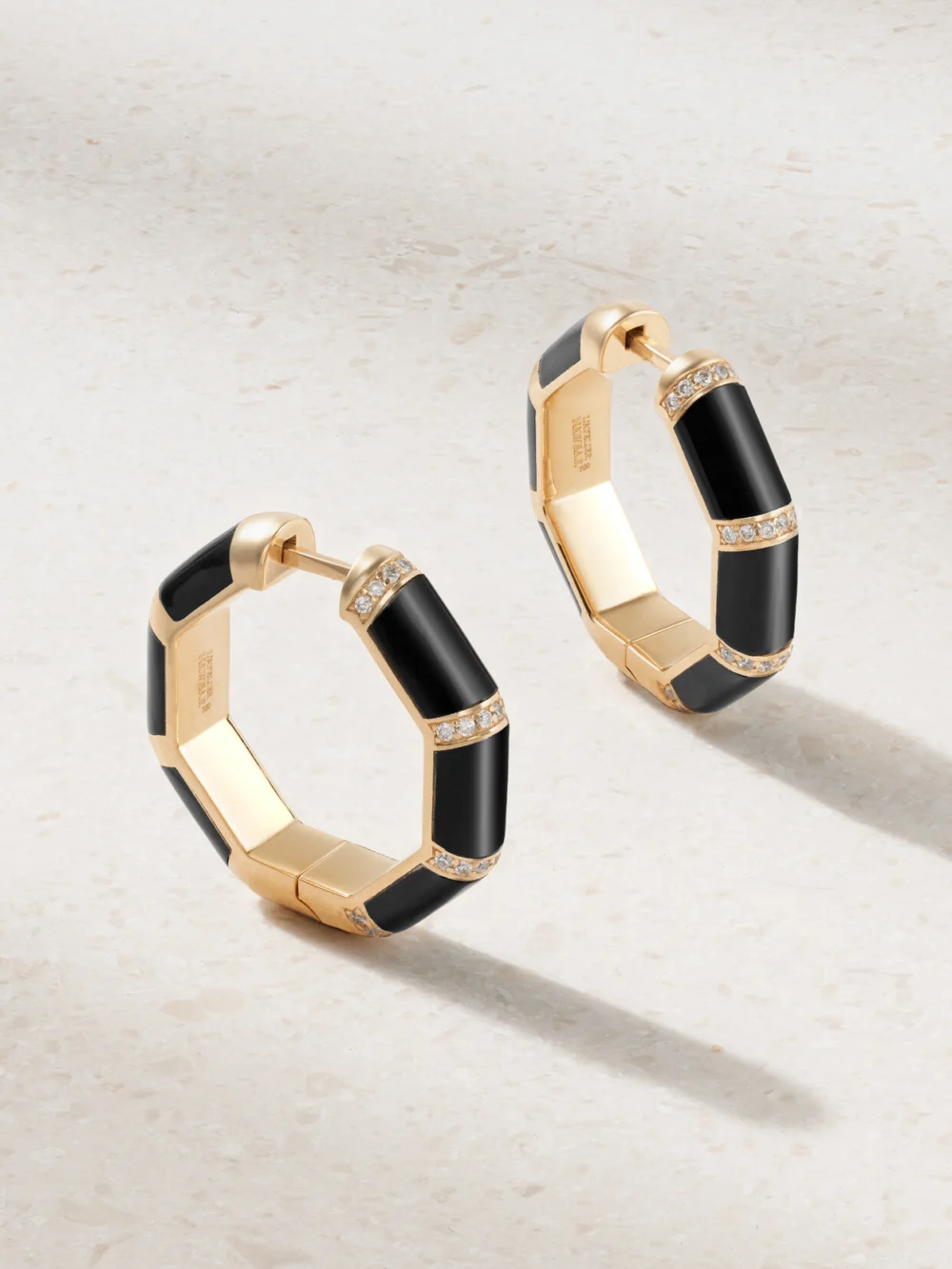 L'Atelier Nawbar Bamboo 18-karat Gold, Onyx and Diamond Hoop Earrings