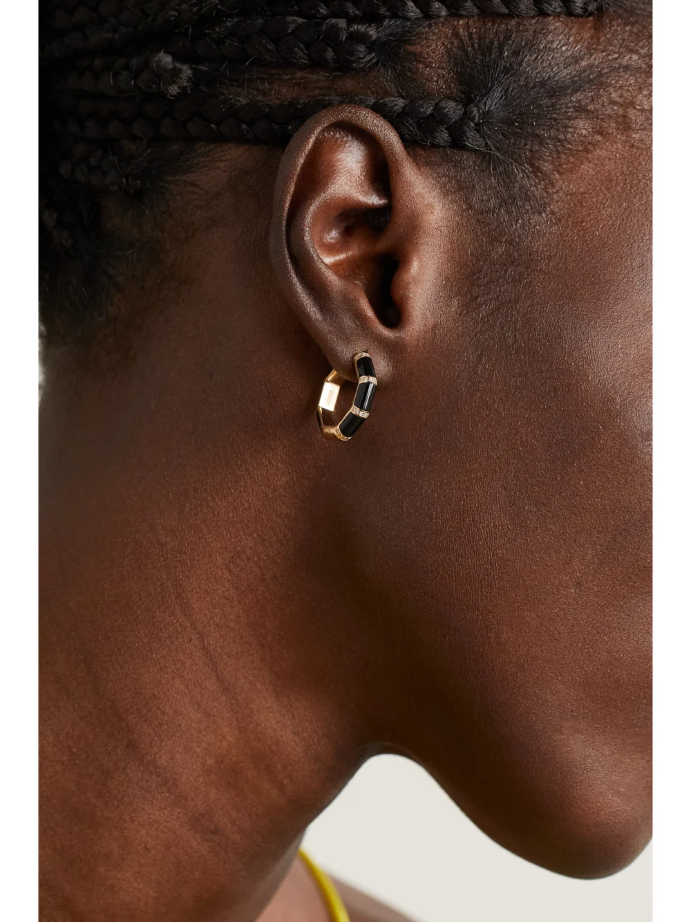 L'Atelier Nawbar Bamboo 18-karat Gold, Onyx and Diamond Hoop Earrings, styled view
